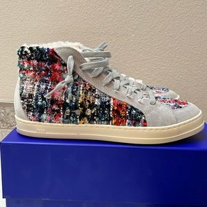 P448 Skate Mid top. Multi color woven with faux fur